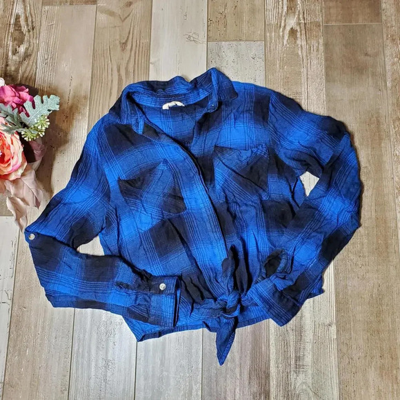 Sim & Sam Flannel Plaid Button Down Tie Front Top Size Medium - Picture 7 of 12